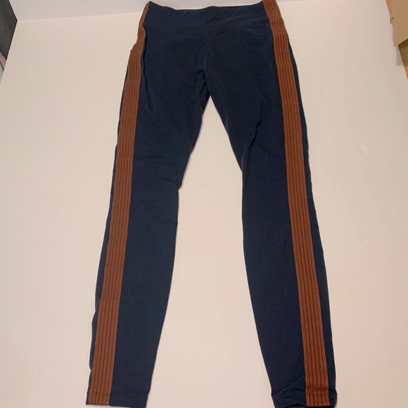 SOLD Athleta Leggings Track Tux Pants Small Navy with Brown Stripe Zip Pockets - Picture 1 of 12